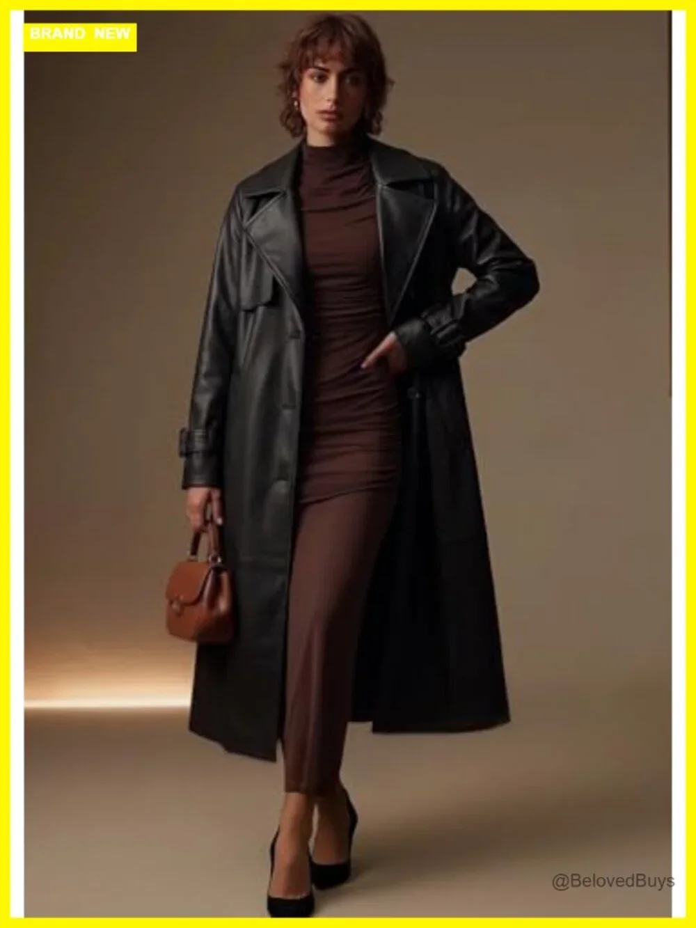 Women's Faux Leather Belted Trench Coat Long Sleeve Windproof Outerwear